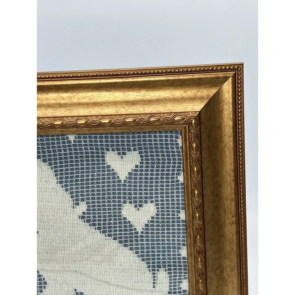 Vtg. Framed Doily Scottie Dog Scottish Terrier Puppy Hearts Wall Hanging Cottage